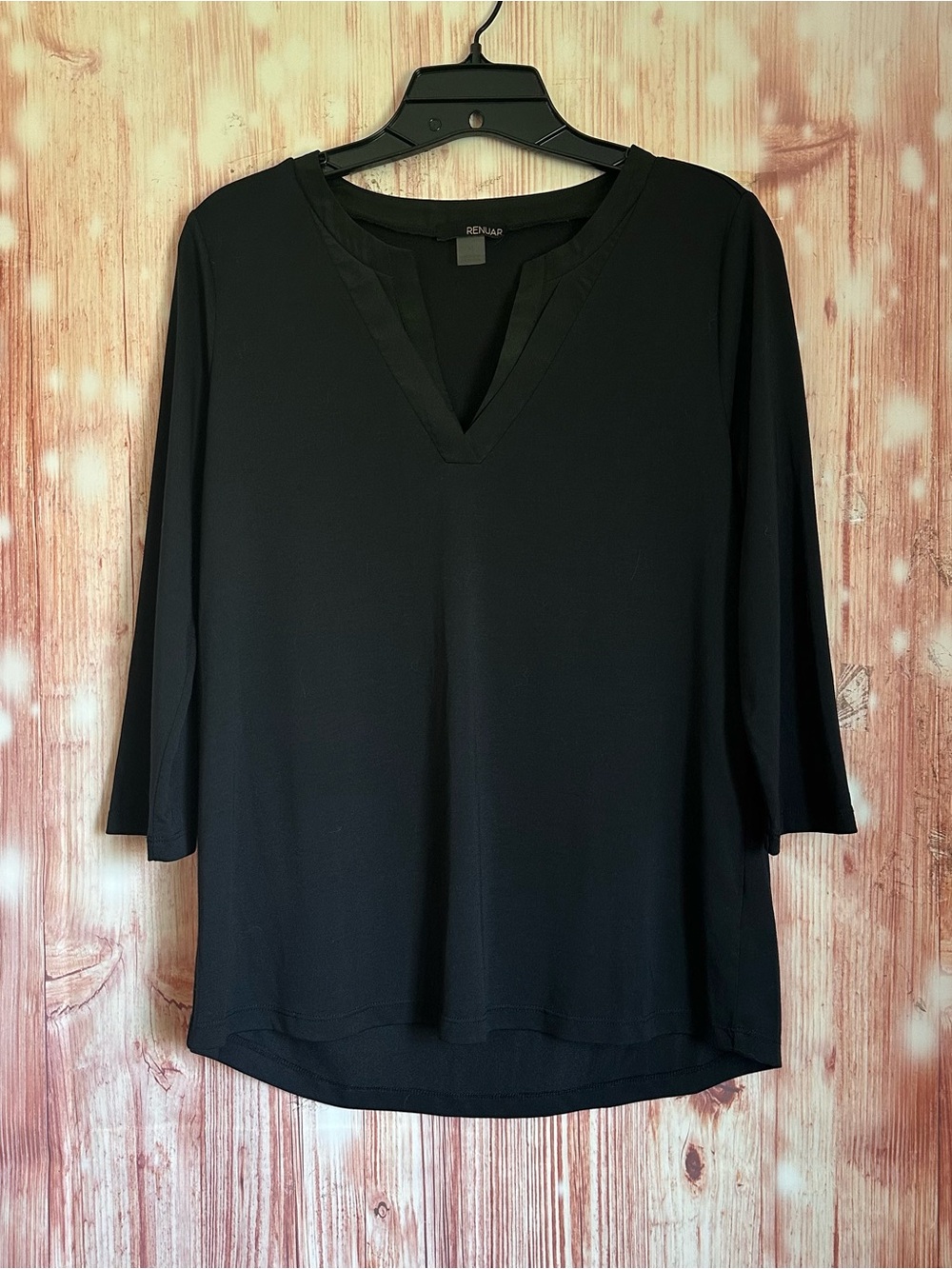 Renuar Black Satin Trim V Neck 3/4 Sleeve   Modal Blend Top Size M